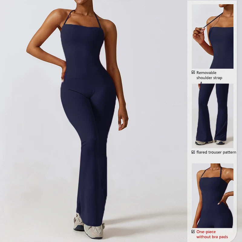 New Summer Women Sleeveless Yoga Jumpsuit Female Gym Flared Overalls Neck-hanging Backless Sportswear Sport Outfit For Woman - Matrix-studios.com