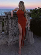 Sexy See Through Knit Backless Lace-up Split Bodycon Beach Dress 2026 Summer Women Solid Halter Holiday Swimwear Cover-ups A2797 - Matrix Studios