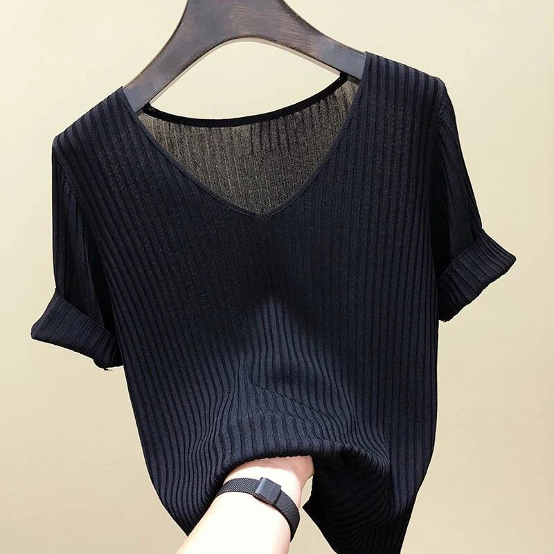 AOSSVIAO 2026 Basic V-neck Solid Thin Summer Women Pullover Female Thin Knitted Ribbed Sweater Slim Short Sleeve Bodycon Sweater - Matrix-studios.com