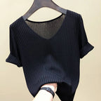 AOSSVIAO 2026 Basic V-neck Solid Thin Summer Women Pullover Female Thin Knitted Ribbed Sweater Slim Short Sleeve Bodycon Sweater - Matrix-studios.com
