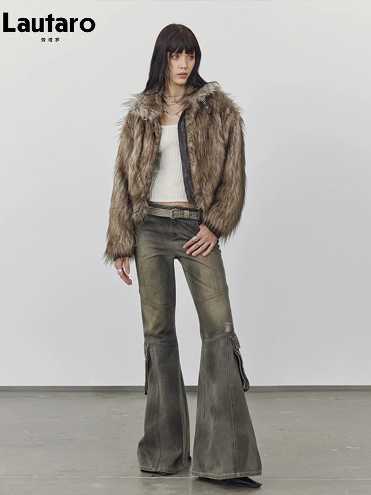 Lautaro Autumn Winter Short Warm Thick Hairy Shaggy Patchwork Faux Raccoon Dog Fur Coat Women Zipper Luxury Fluffy Jacket 2024 - Matrix Studios