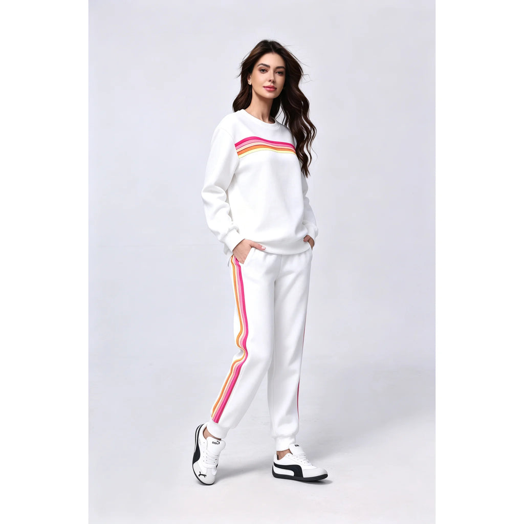 Women's 2 Piece Outfits Rainbow Stripe Sweatsuit Set Long Sleeve Crewneck Sweatshirt Pullover Top & Jogger Pants with Pockets Soft Casual Loungewear Tracksuit Oversized Relaxed Fit Matching Set for Fall Winter Streetwear