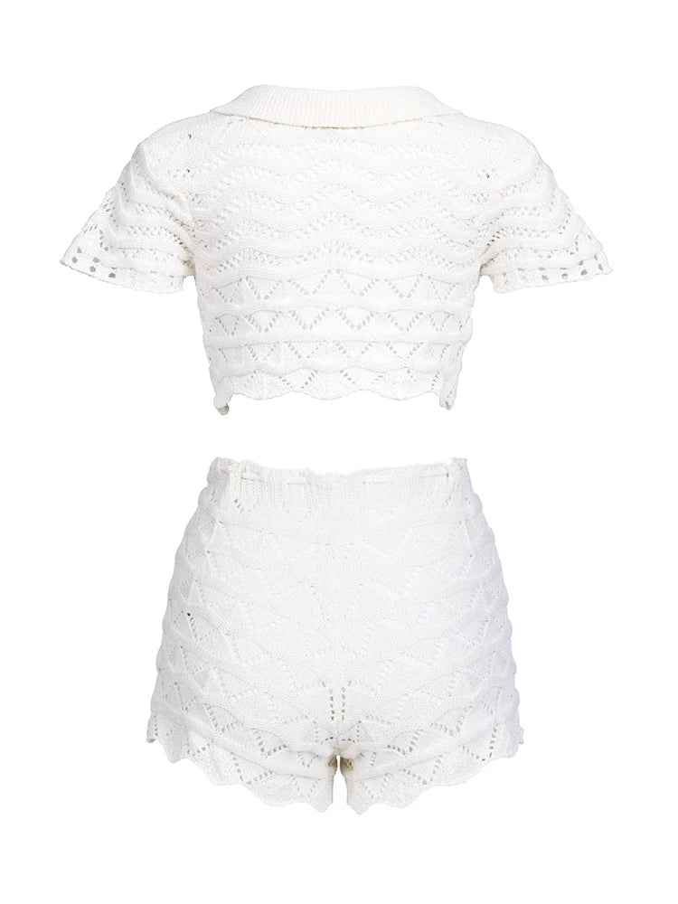 Sexy Knit Beach Swimsuit Cover Up Set 2026 Summer Women Cut Out Lapel V Neck Short Sleeve Top Lace-up Mini Shorts Two-piece K202 - Matrix Studios