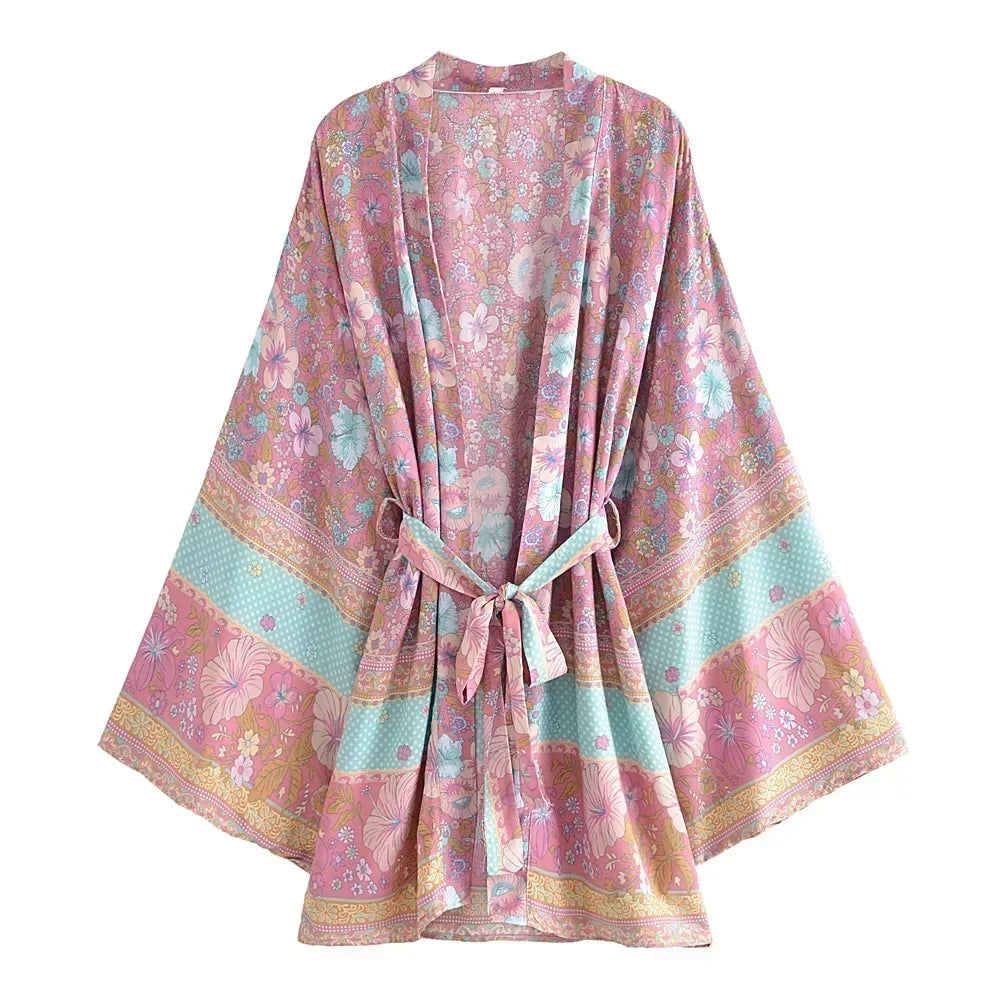Boho Queens Floral Print Sashes Bohemian Kimono Women  V Neck Batwing Sleeves Short Robe Vacation Beach Bikini Cover-ups - Matrix Studios