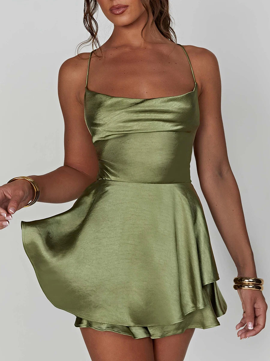 Women Sleeveless Satin Playsuits Fashion Summer Short Sling Backless Jumpsuits Cross Tie-Up Bandage Romper Streetwear Outfit - Matrix Studios