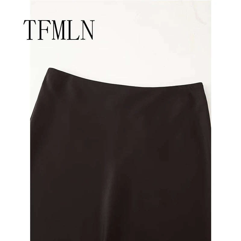 TFMLN Elegant Lace Splice Satin Half Skirt Women's Fashion Wrap Around Long Skirt High Quality Feel New 2025 Style - Matrix-studios.com
