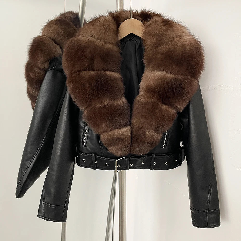 OFTBUY Natural Fox Fur Faux Leather Jacket Female New Autumn Short Top Clothing Women Long Sleeve Fake Leather Real Fur Coat - Matrix Studios