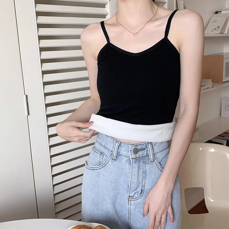 Women Sexy Solid Color Tops Thermal Casual Comfortable Elasticity Crop top Black Thin Velvet Sleeveless  Underwear Tank Top - Matrix-studios.com