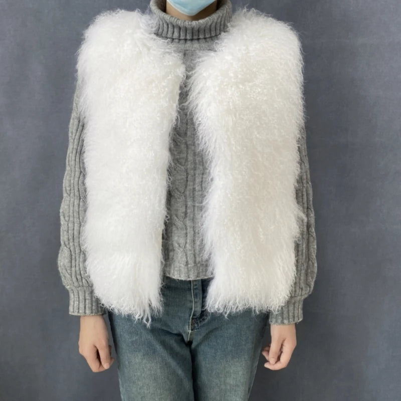 Women's Luxurious Fluffy Warm Mongolian Sheepskin Short Vest Coat Spring Autumn Sexy Wool Outerwear New Collection - Matrix Studios