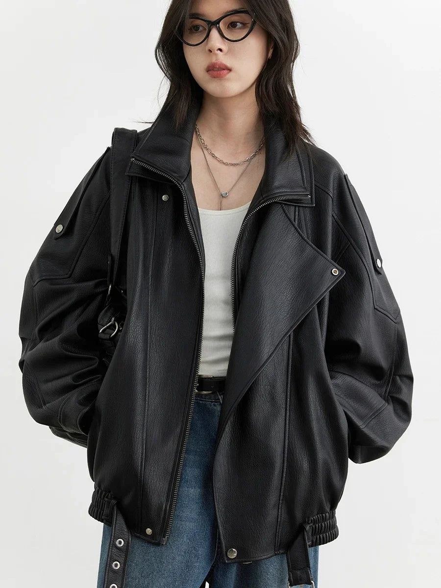 CHIC VEN Woman PU Jacket Solid Loose New Retro Standing Collar Motorcycle Faux Leather Coat Female Top Spring Autumn 2026 - Matrix Studios