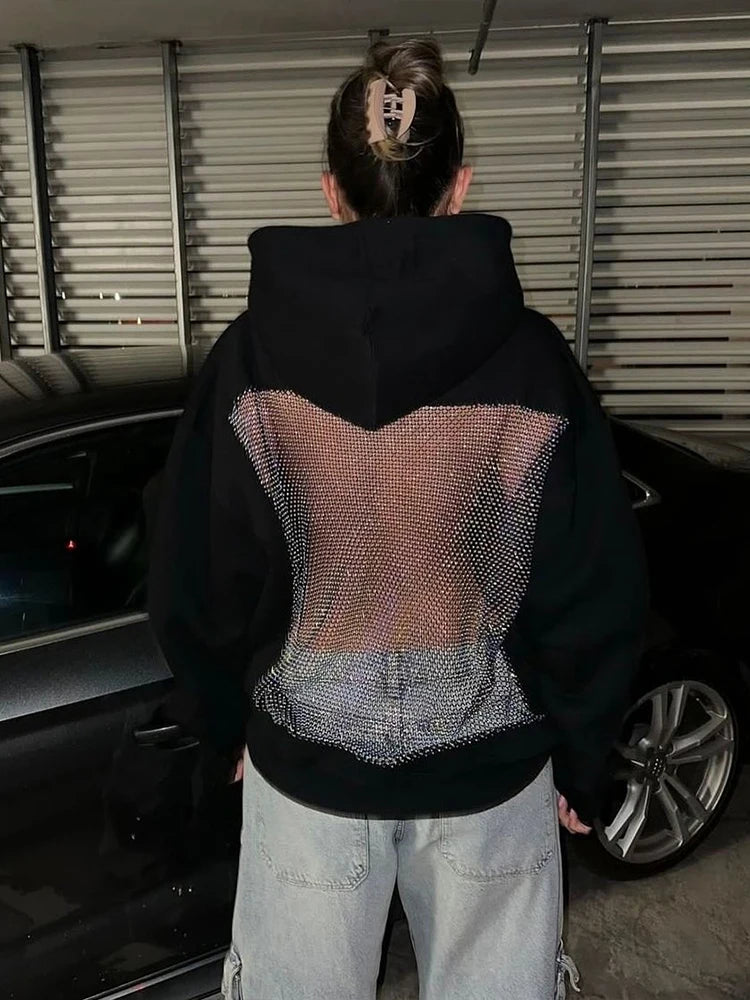Weird Puss Harajuku Hooded Sweatshirt Women Autumn Trend Backless Glitter Mesh Patchwork Casual Streetwear Hipster Pulloverr - Matrix Studios