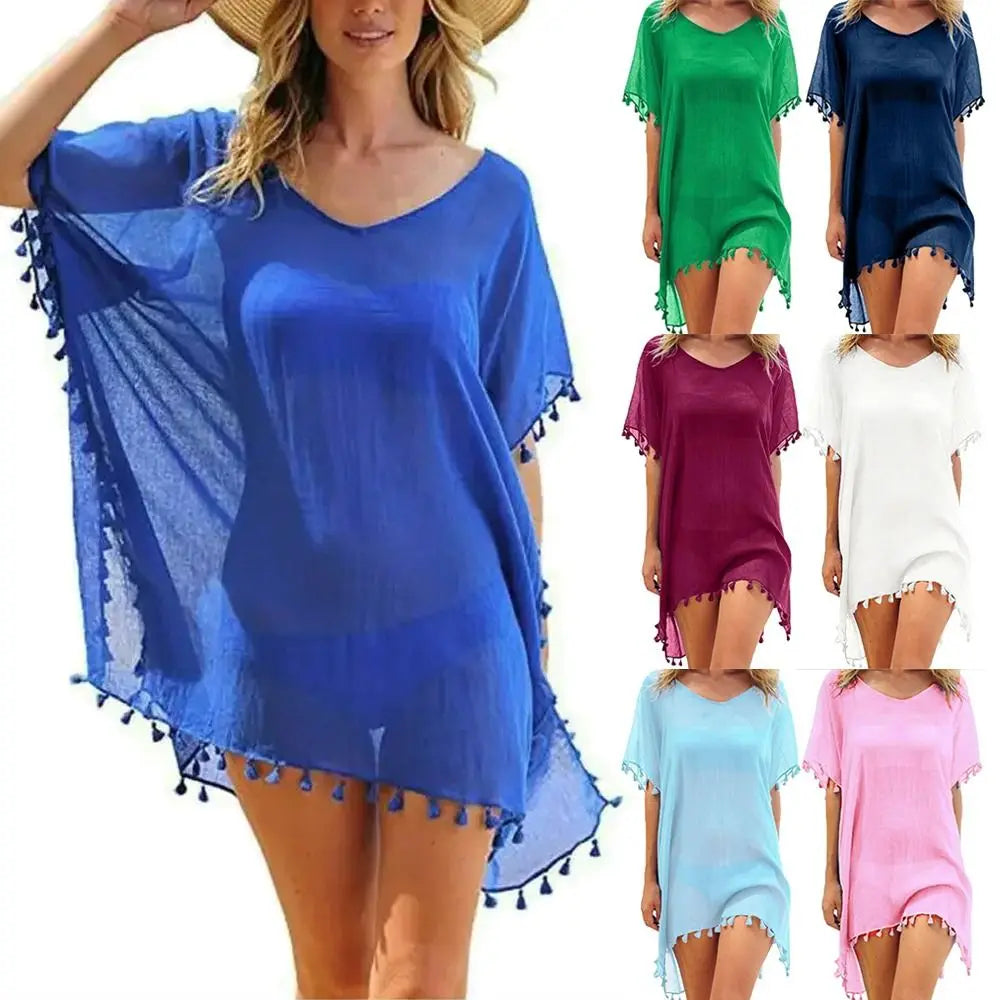 Fashion V Neck Summer Sunscreen Smock Loose Casual Beachwear Shirt Bathing Suit Plus Size Swimsuit Cover Up Dress for Women - Matrix Studios