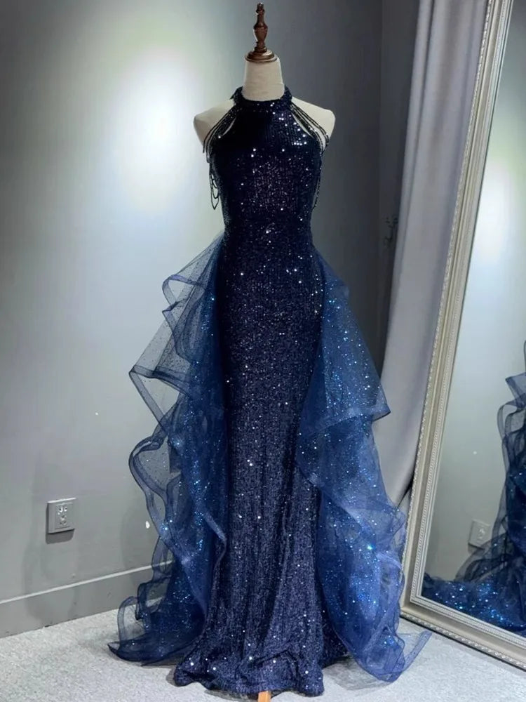 Elegant Sparking Navy Blue Evening Dresses Halt Beading Party Gown Customized Prom Dress 2025 Tiered robes de soirée Sweep Train - Matrix Studios