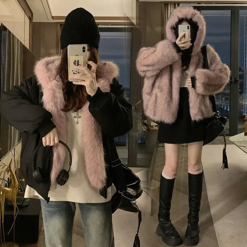Double-Sided Warm Fur Coat Women Autumn Winter Loose Thicken Plush Cotton Coat 2025 New Women Hooded Imitation Mink Fur Outwear - Matrix Studios