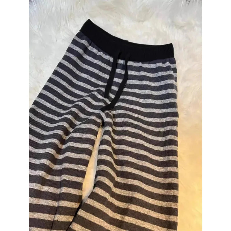 Harajuku Contrast Color Stripe Wide Leg Trousers Vintage Grunge Loose Knitted Casual Pant Y2k Aesthetic Women Straight Pants
