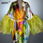 WINYI Summer Kimono Party Dress Beach Wear Swim Suit Cover Up African Women Loose Puff(ed) Sleeves Cardigan Boho Holiday Kaftan - Matrix Studios