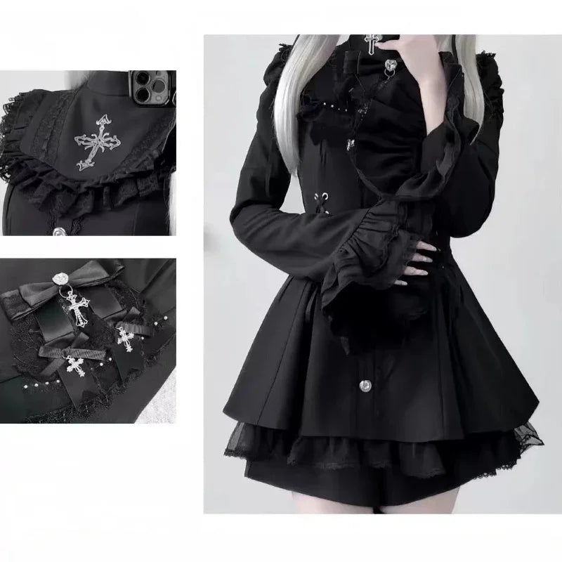 Japanese Y2 Aesthetics Vintage Bow Dress Shorts Set Women Gothic Lolita Style Long Sleeve Shirt Dress Elegant Party Dress Suits - Matrix-studios.com