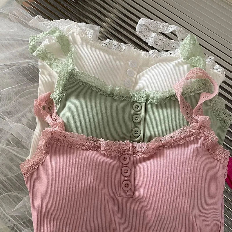 Summer Lace Strap Patchwork Camisole Women Solid Color Sleeveless Buttons Tank Top - Matrix-studios.com