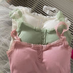 Summer Lace Strap Patchwork Camisole Women Solid Color Sleeveless Buttons Tank Top - Matrix-studios.com