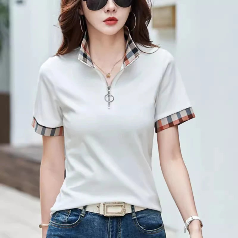 New Women Summer Cotton Polo T-shirt Fashion Button Plaid Turn-down Collar Short Sleeve Slim T-shirt Simplicity Casual Tees Tops - Matrix-studios.com