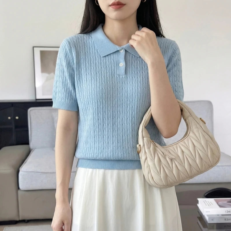 WinvyNee Women's Clothing 100% Cotton Twist Polo Two Button Short Sleeve T-Shirt Cool Spring Summer Slim Fit Basic Top ZA1002027 - Matrix-studios.com