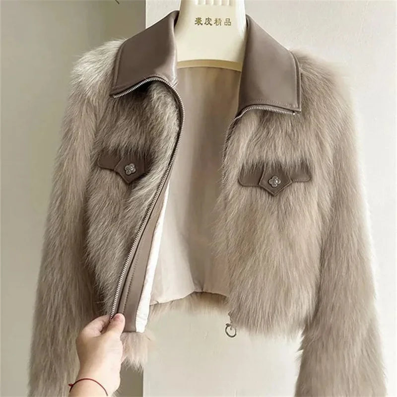 Women's Short Lapel Imitation Fox fur grass Coat 2025 Autumn Winter New Korean version Fashion Thicken Zipper Fur Coat Top - Matrix Studios