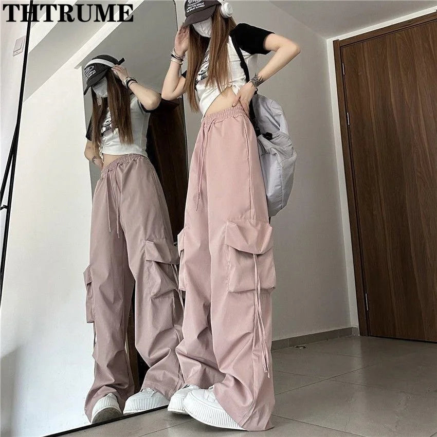 Retro Vintage High Street Baggy Pants Fashion Women Oversized Drawstring Pocket New Pant Casual Streetwear Loose Jogger Trousers - Matrix-studios.com