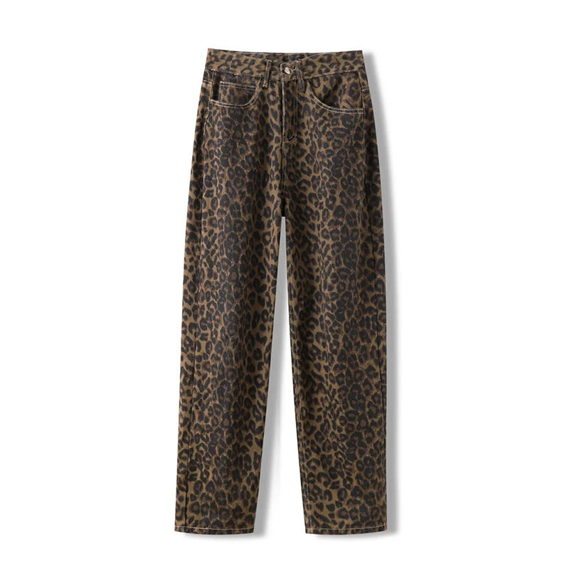 Leopard Print Jeans for Women High Waisted Y2k Retro Fashion Streetwear Denim Pants Hip Hop Straight Wide Leg Baggy Jeans - Matrix-studios.com