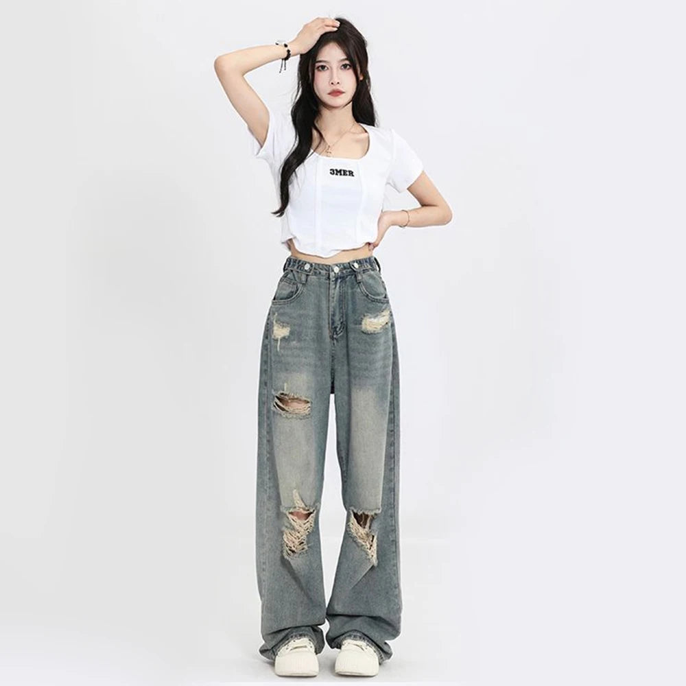American Retro Hole-punched Jeans Women High Waist Straight-crotch Loose Slim Design High-street Vibe Wide-legged Dragging Pants - Matrix-studios.com