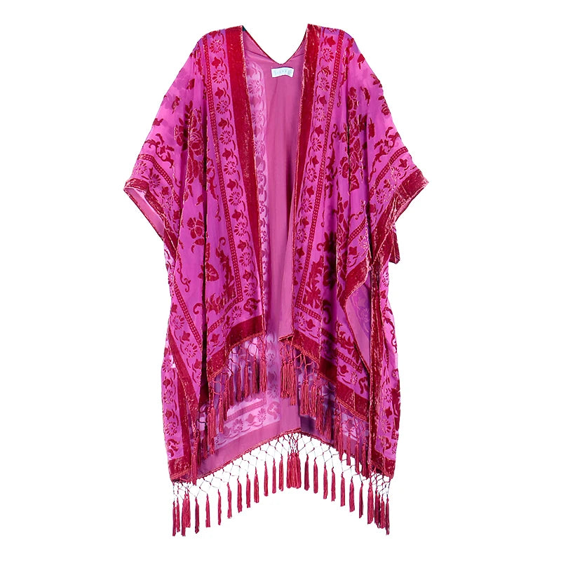 WeHello Fashion bohemian Women's Burnt Plush Kimono Long Cardigan With Tassel Beach Cover-up Holiday Cardigan Shawl - Matrix Studios