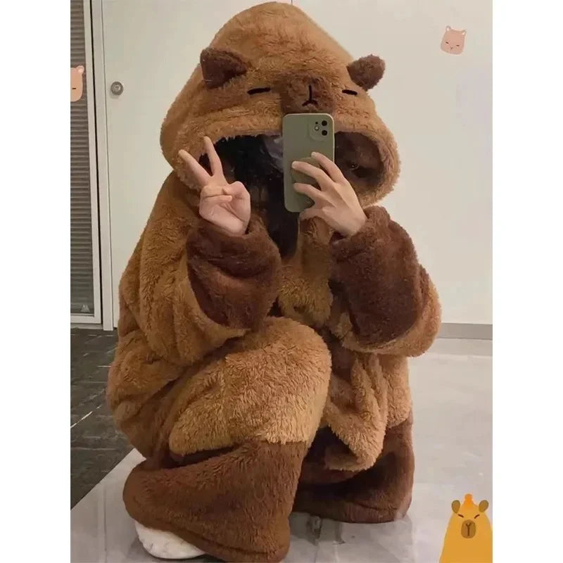 Bathrobe Woman Showerpadded Warm Plus Size Cartoon Bear Pajamas Coffee Color Dressing Gown Coral Velvet One-Piece Pajamas - Matrix-studios.com