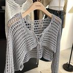 Crochet Crop Tie Front Cardigan Women Long Sleeve Sheer OpenKnit Bolero Shrug Top Summer Beach Bikini Cover Up Y2K Outfit - Matrix Studios