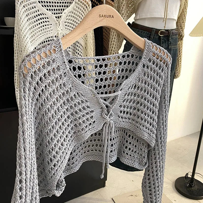 Crochet Crop Tie Front Cardigan Women Long Sleeve Sheer OpenKnit Bolero Shrug Top Summer Beach Bikini Cover Up Y2K Outfit - Matrix Studios