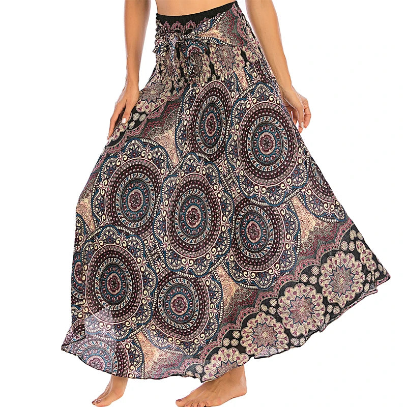 Boho Skirts Women Rayon Beach Long Dress Summer Bohemian Jupe Longue Femme Elastic Waist Print Floral Bandage Halter Hippie - Matrix Studios