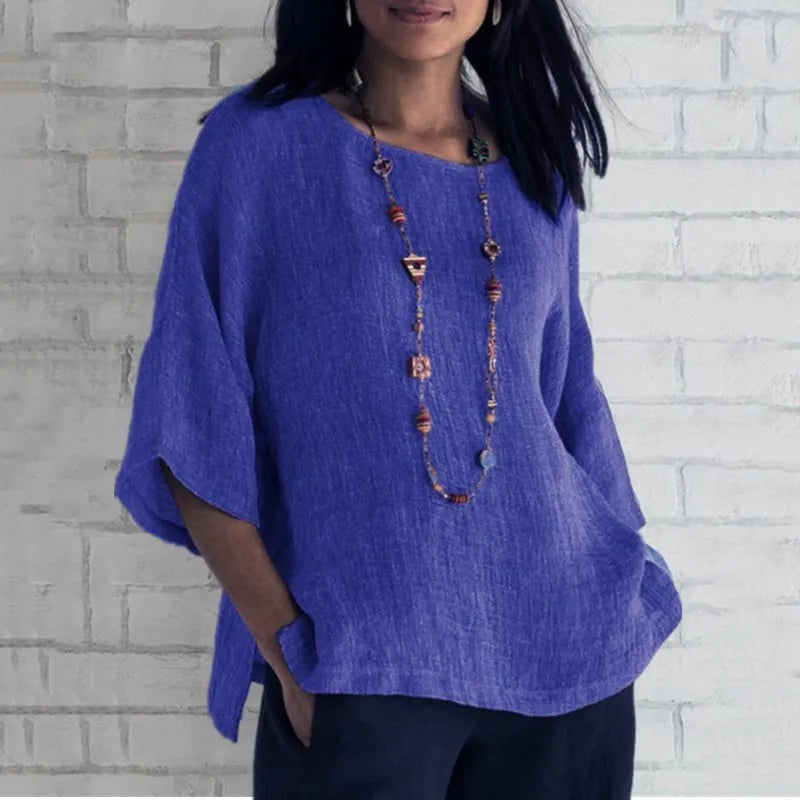 Cotton Blouse Shirts Summer O-Neck Three Quarter Loose Casual Blouse Tops Summer Cothes For Women Streetwear - Matrix-studios.com