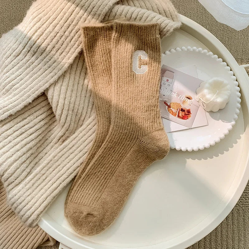 Luxury Women Wool Socks Warm Winter Thick Cashmere Casual Japanese Fashion Solid Color Comfortable Home Sock Long High Quality - Matrix Studios