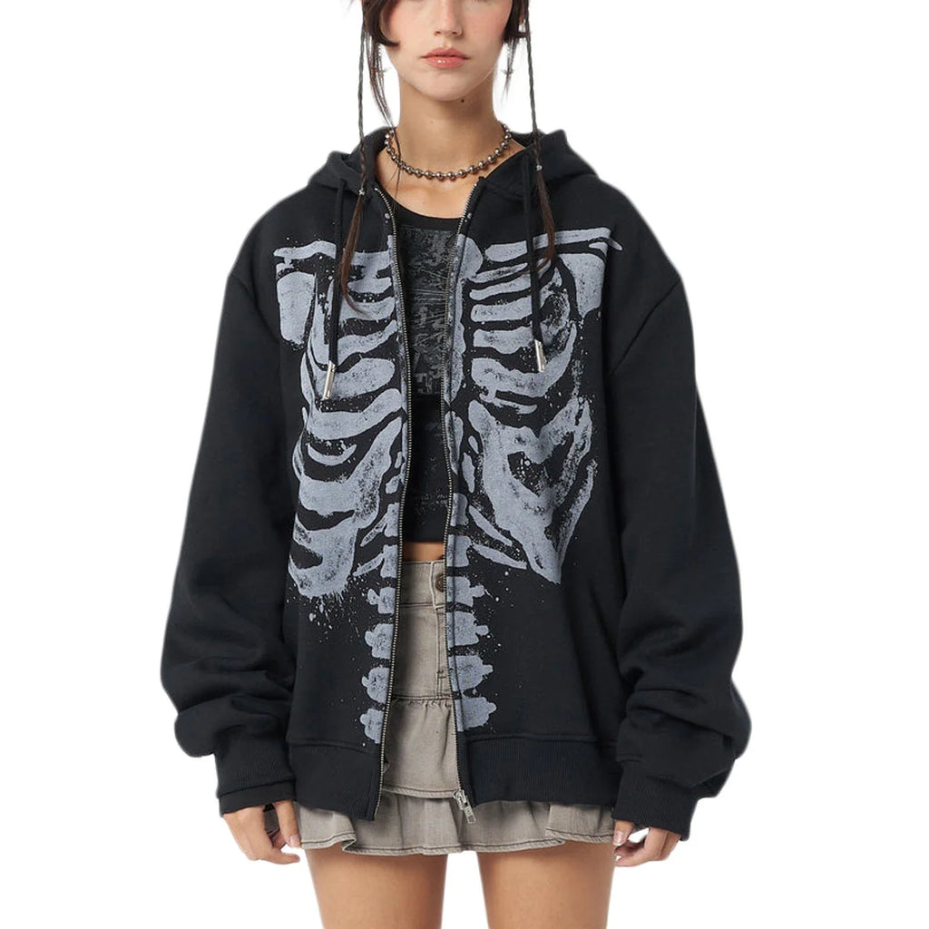 Halloween Women Spring Autumn Casual Hooded Coat Long Sleeve Skull Print Zipper Hoodie Grunge Long Sleeve Top Gothic Sweatshirt - Matrix Studios