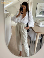 Clacive Casual Loose White Cotton Women's Blouse 2025 Fashion Stand Collar Long Sleeve Shirt Elegant Classic Solid Top Female - Matrix-studios.com