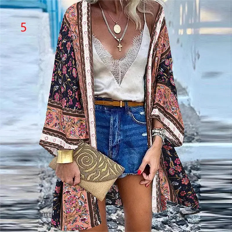 WeHello 2023 Summer Bohemian Casual Cloak Cardigan for Swimsuit woman Beach Swimwear Tops Long Sleeved Shawl Chiffon Shirt - Matrix Studios