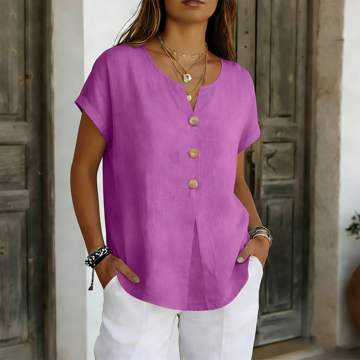 2026 Summer Basic Blouses Women's Shirts Solid Color Casual Short-Sleeve Cotton Linen Fashion Plus Size V-Neck Loose Button Tops - Matrix-studios.com