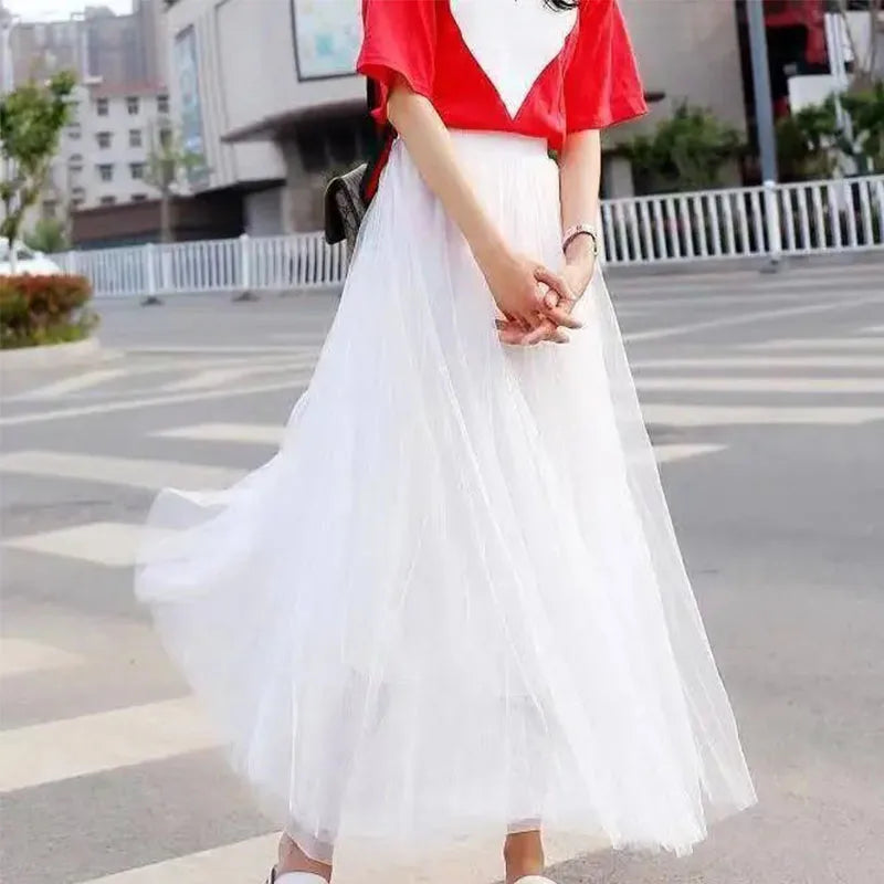 Vintage Tulle Skirt Women Streetwear Elastic High Waist Mesh Pleated Skirts Summer Elegant Korean A Line Office Ladies Skirt New - Matrix-studios.com