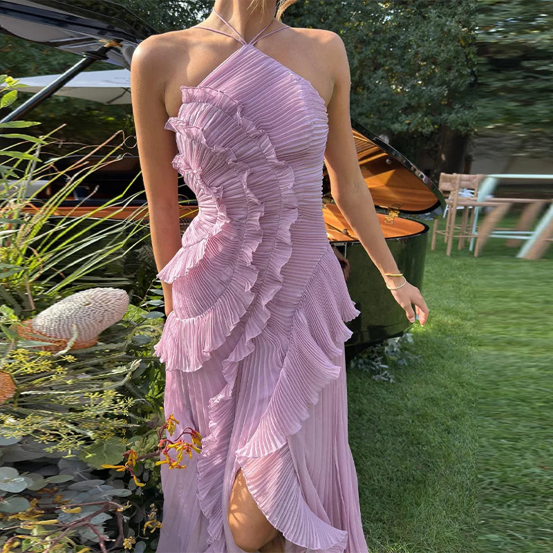 Chic pleated halter neck long vacation dress high quality purple strapless Lotus Edge Maxi Dress 2026 New Lady Vacation Gowns - Matrix-studios.com