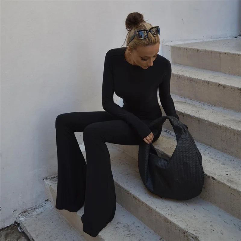 Solid Black Sexy Backless Bodycon Wide Leg Jumpsuit Women Autumn Casual Slim Long Sleeve O-Neck Playsuit Lady Streetwear - Matrix Studios