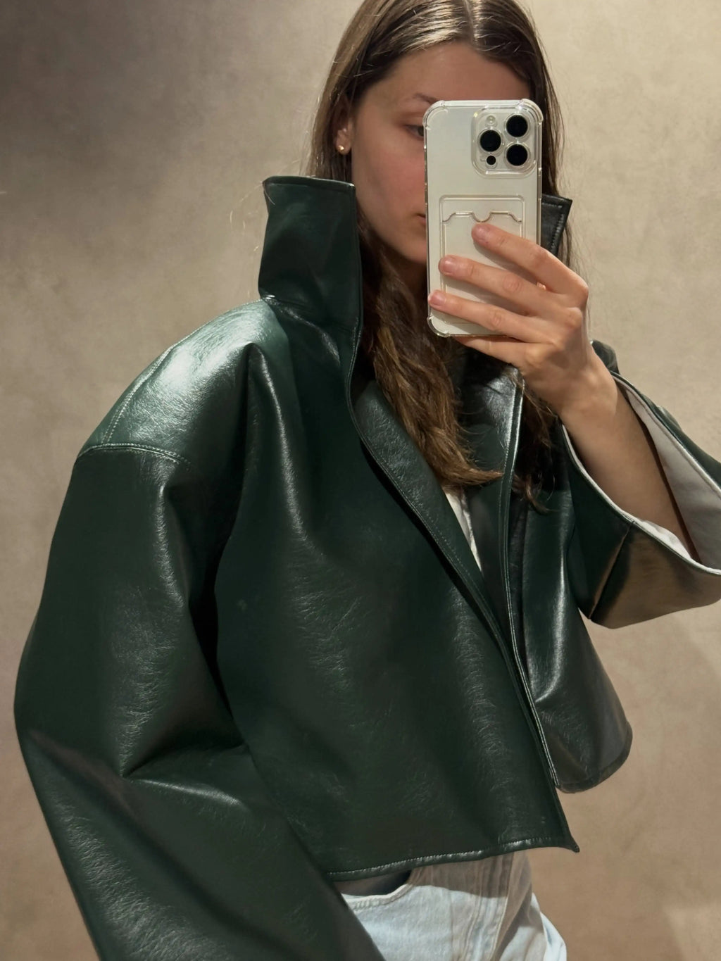 Beige Croc Leather Cropped Jacket Y2k Stand Collar Long Sleeve Wide Cuff Oversize Coat 2026 Autumn Street Daily Casual Outerwear - Matrix Studios