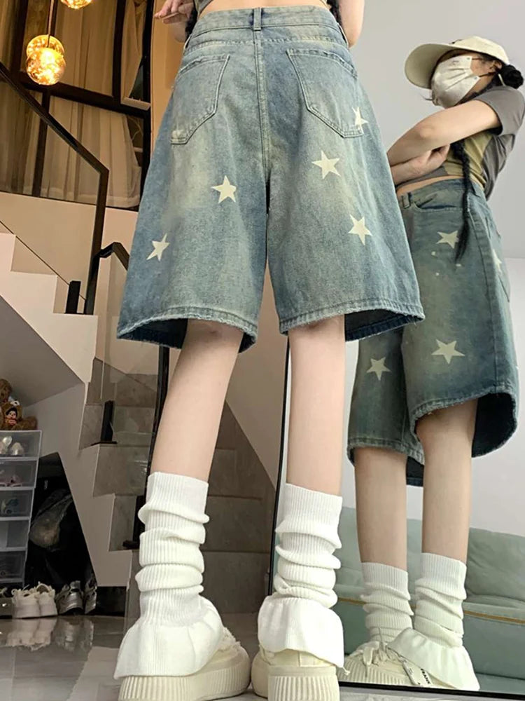 Women High Waist American Retro Washed Wide Leg Jeans Girls Street Do Old Star Loose Denim Pants Female Blue Knee Length Shorts - Matrix-studios.com