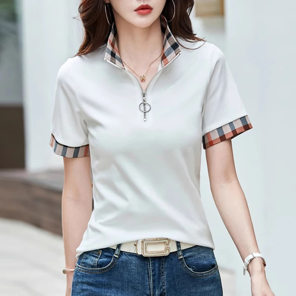 European Station Polo Collar Checkered Short sleeved T-shirt Women's Summer New Fashion Light Luxury Loose Pure Cotton Top - Matrix-studios.com
