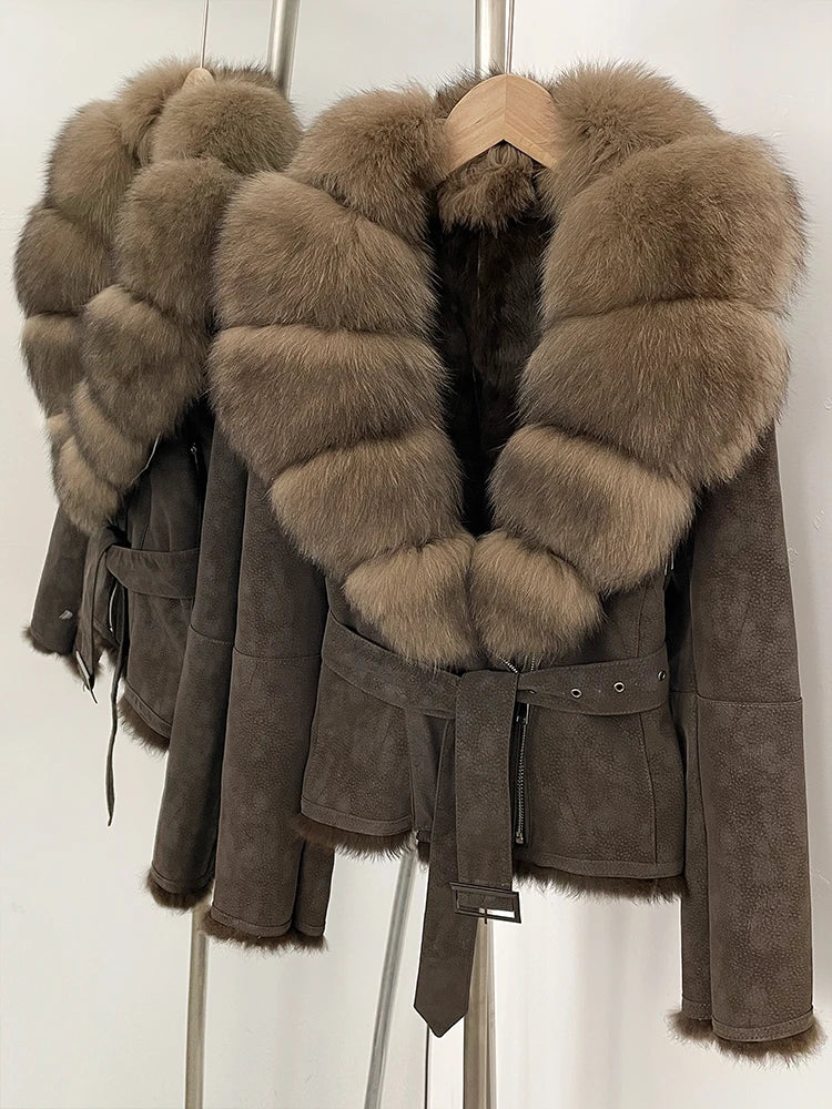 OFTBUY New Autumn Winter Real Fox Fur Collar Clothes Female Belt Suede Jacket Women Thick Warm Natural Rabbit Fur Lining Coat - Matrix Studios