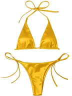 Halter Brazilian Metallic Satin Bikini Women Swimwear Female Swimsuit Two-pieces Bikini Set High Cut Bathing Suit Swim Beachwear - Matrix-studios.com