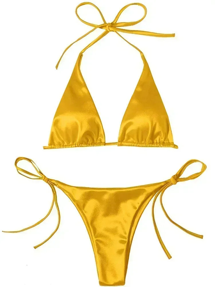 Halter Brazilian Metallic Satin Bikini Women Swimwear Female Swimsuit Two-pieces Bikini Set High Cut Bathing Suit Swim Beachwear - Matrix-studios.com