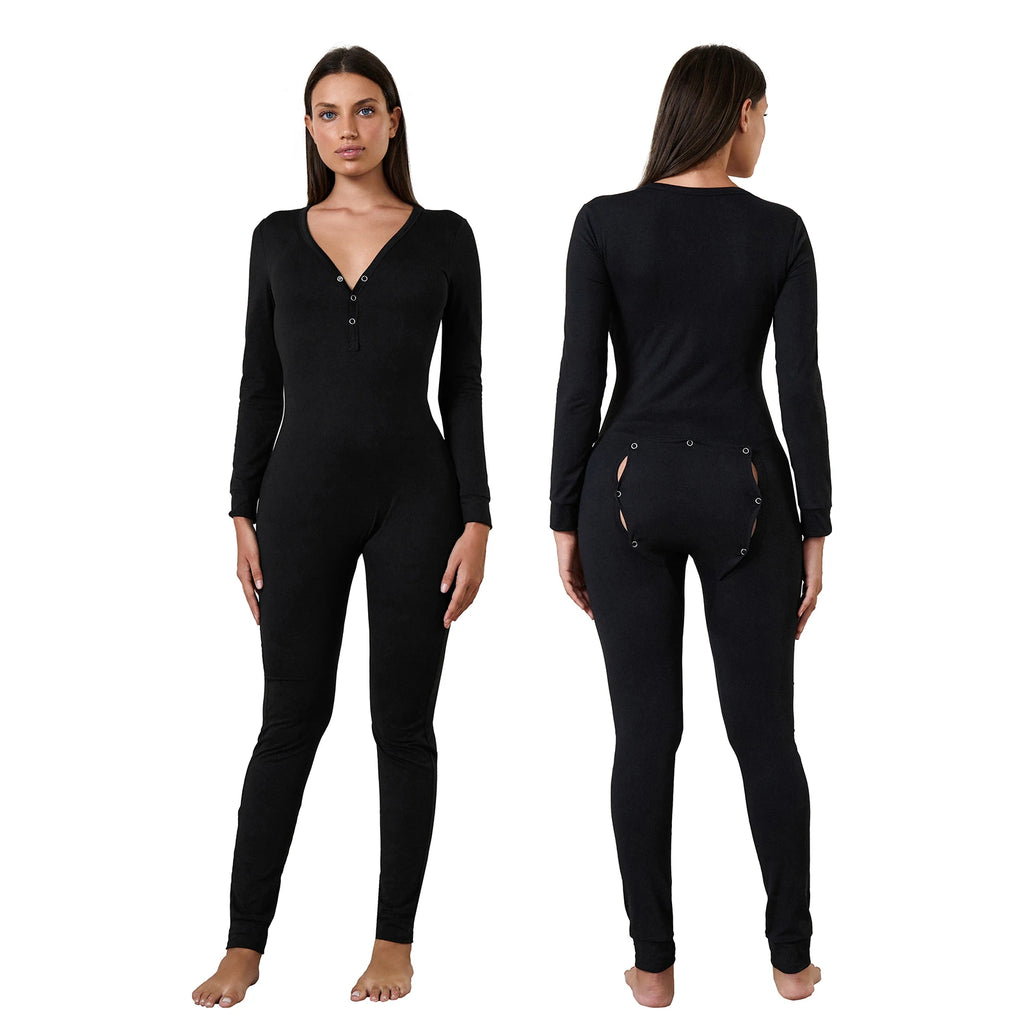 Women Buttoned Flap Jumpsuits Sleepwear Cow Printed Long Sleeve V Neck Bodycon Romper Spring Fall Loungewear - Matrix Studios